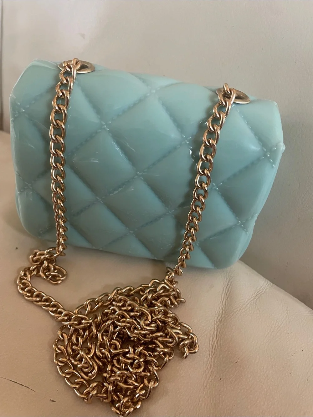 🩵✨ Mint / Light Aqua Jelly Quilted Mini Crossbody Bag with Gold Chain